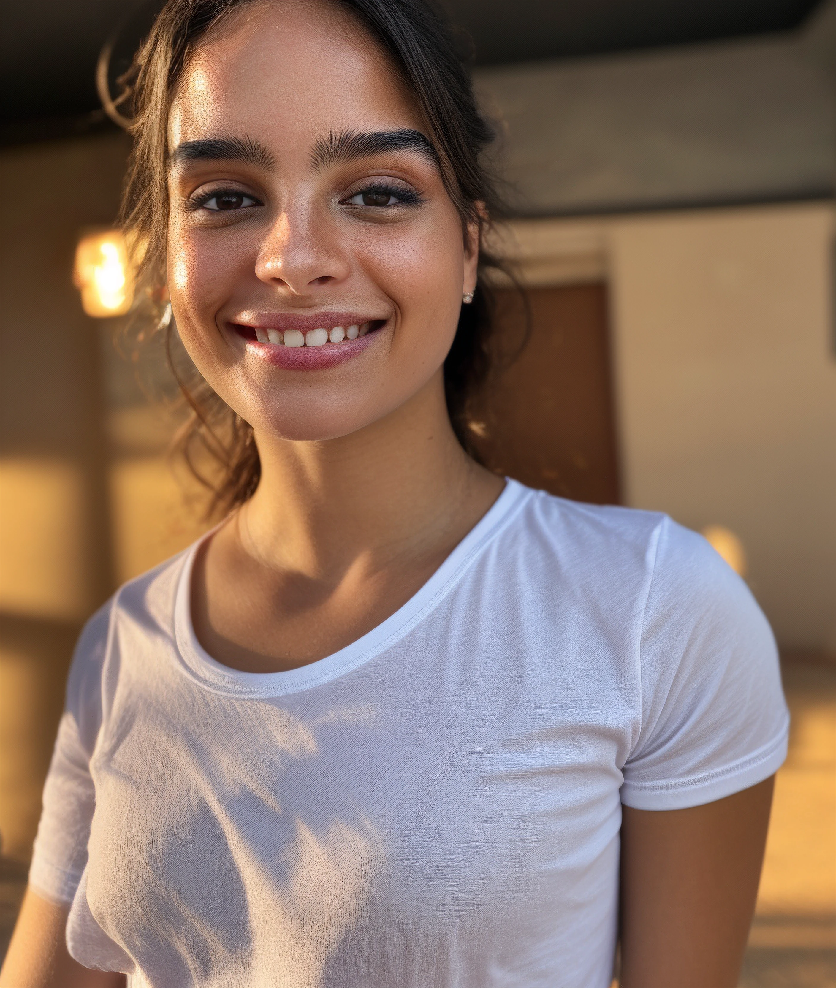 UHD, 8K, ultra detailed, a cinematic photograph of mbarr, realistic, makeup, smile, happy, t-shirt, <skinhairdetail>, beautiful lighting, great composition
