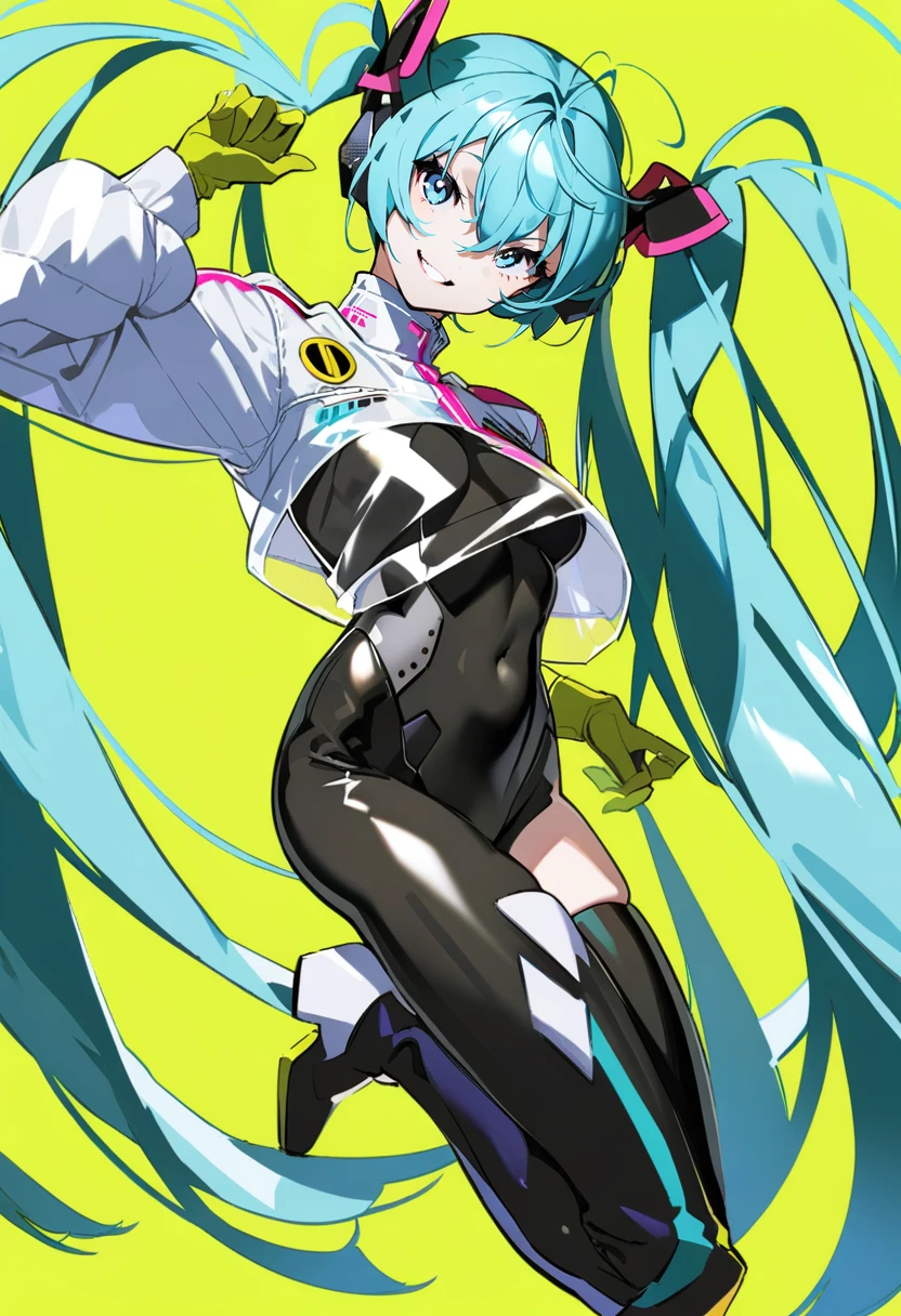 masterpiece, best quality, <lora:yoneyamaiXL_ANI31_lokr_V4302:0.95>  1girl, solo, long hair, hatsune miku, twintails, racing miku, very long hair, cropped jacket, yellow background, black bodysuit, bodysuit, smile, simple background, gloves, jacket, white jacket, thighhighs, looking at viewer, aqua hair, aqua eyes, full body, long sleeves, floating hair, boots, single thighhigh, green gloves, thigh boots, breasts, grin, hair between eyes, parted lips, blue eyes, covered navel, two-tone gloves, smiley face, black thighhighs