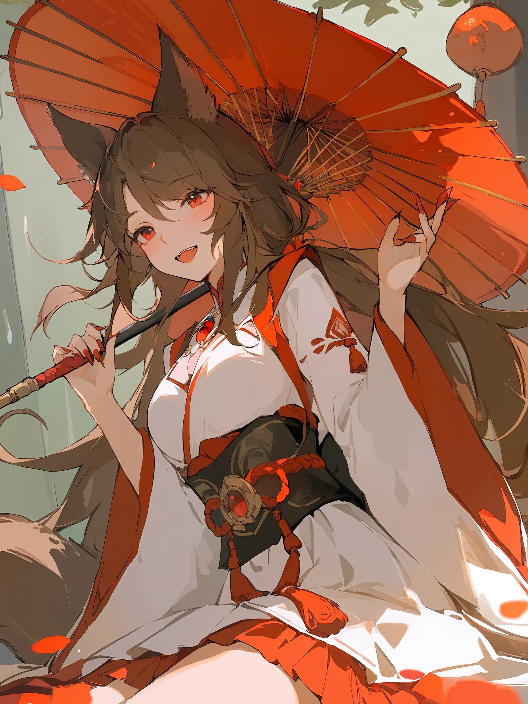 1girl,
solo, red eyes, oil-paper umbrella, fingernails, long hair, nail polish, red nails, umbrella, long sleeves, white dress, brooch, animal ears, holding umbrella, wide sleeves, open mouth, long fingernails, holding, blush, sharp fingernails, jewelry, smile, dress, brown hair, wolf ears,
masterpiece, best quality, safe
<lora:mki-ani31-ahriii-v1-000125:1>