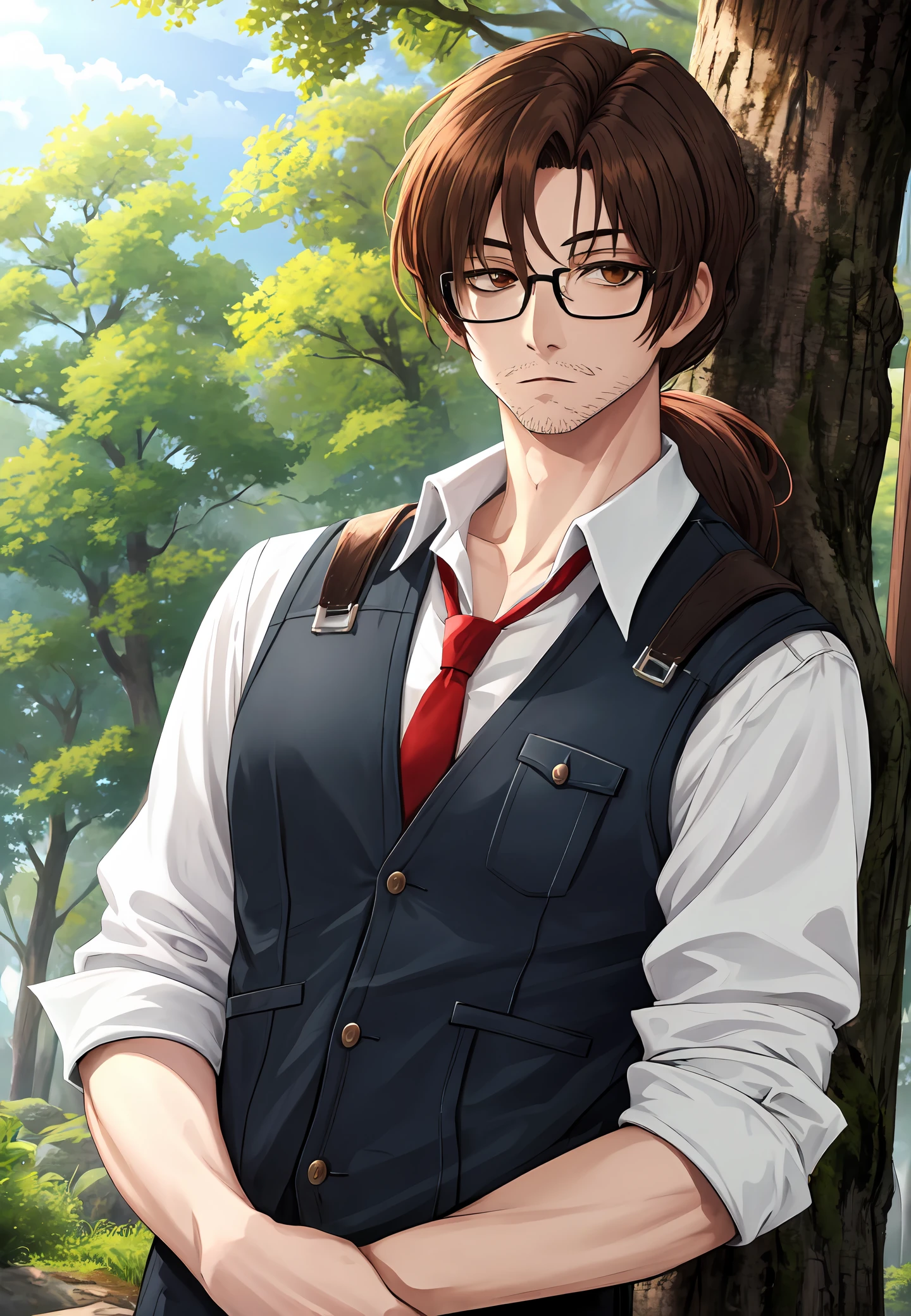 masterpiece, best quality, very aesthetic, ultra detailed, intricate details, 4k, anime style,
gregor, 1boy, solo, long hair, brown hair, brown eyes, ponytail, male focus, glasses, facial hair, stubble, 
shirt, white shirt, necktie, collared shirt, vest, red necktie, black vest,
upper body, looking at viewer, hands in pockets, forest, outdoors, tree, sunlight, cloudy, <lora:Gregor:1>