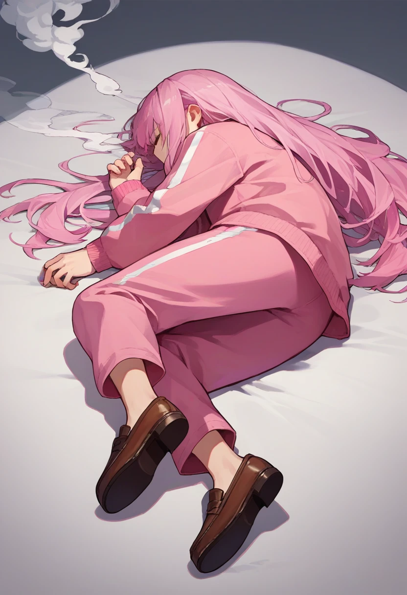 score_9, score_8_up, score_7_up, source_anime, solo, 1girl, gotoh hitori, lying, on side, long hair, pink hair, pink jacket, track jacket, pink pants, loafers, smoke <lora:meme_yamchapose_ponyXL:1>