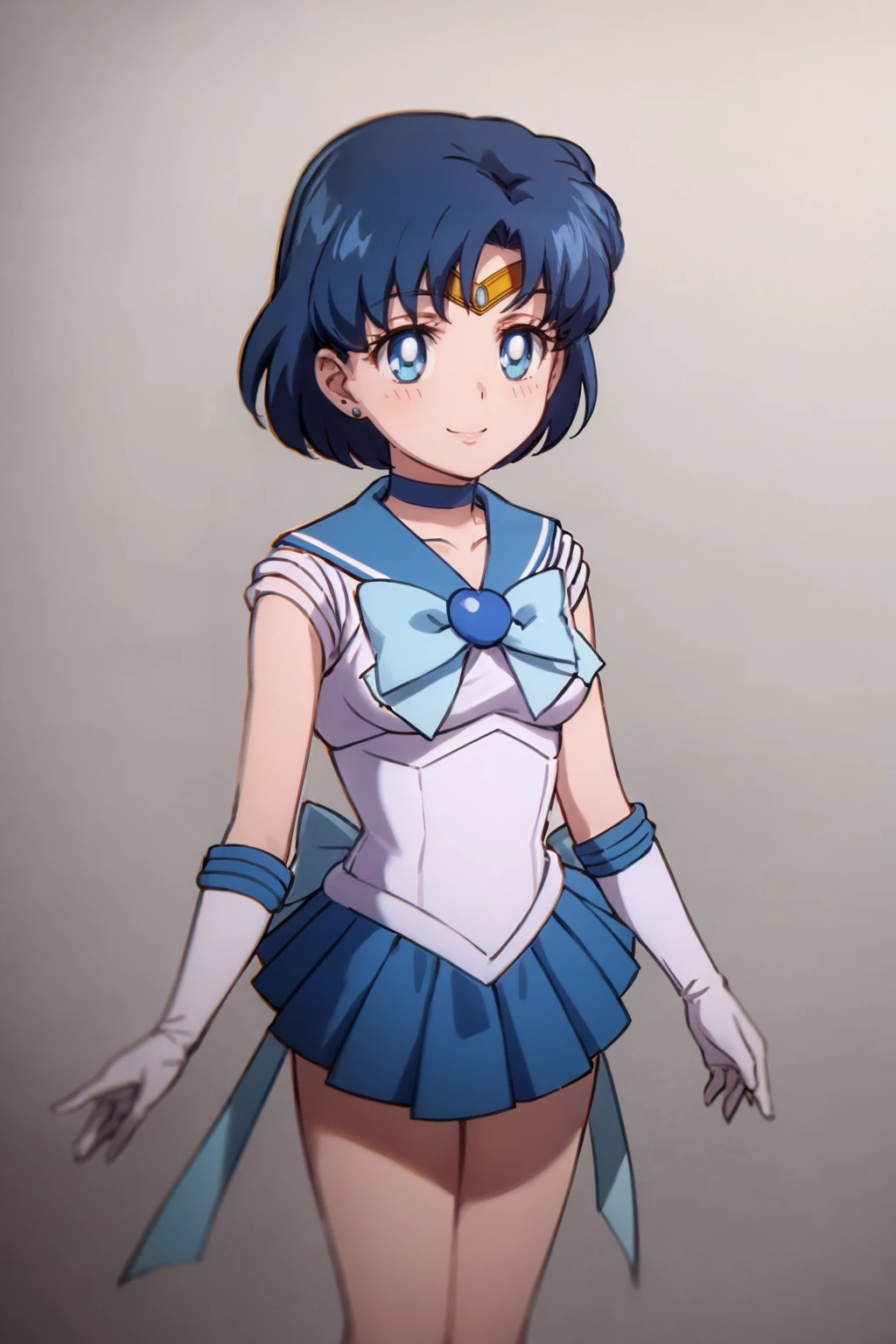 masterpiece, best quality,
1girl, chibi, sailor mercury, blue hair, short hair, blue eyes, tiara, bow, choker, sailor collar, skirt, circlet, earrings, elbow gloves,  knee boots, magical girl, pleated skirt, sailor collar, sailor senshi uniform, 
smile, upper body, solo, looking at viewer, simple background, solid grey background     <lora:SailorMercury:1>