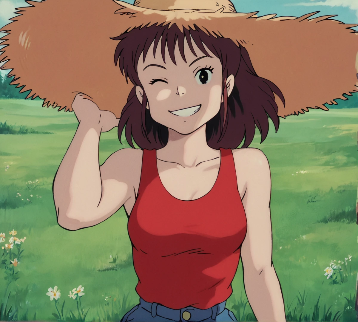 Ursula, black eyes, zPDXL, best quality, amazing quality, score 9, 1girl, red shirt, tank top, outdoors, field, straw hat, standing, looking at viewer, grin, wink, retro artstyle, <lora:Ursula:0.8>