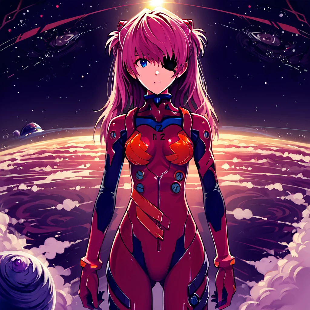 <lora:Aesthetics_Enhancer_pony:0.8>,score_9, score_8_up, score_7_up,BREAK
EnhanceImage,magenta tone,1girl, plugsuit, solo, long hair, blue eyes, eyepatch, bodysuit, arms at sides, looking at viewer, backlighting, breasts, planet, cowboy shot, standing, space, english text, medium breasts, bangs, gloves