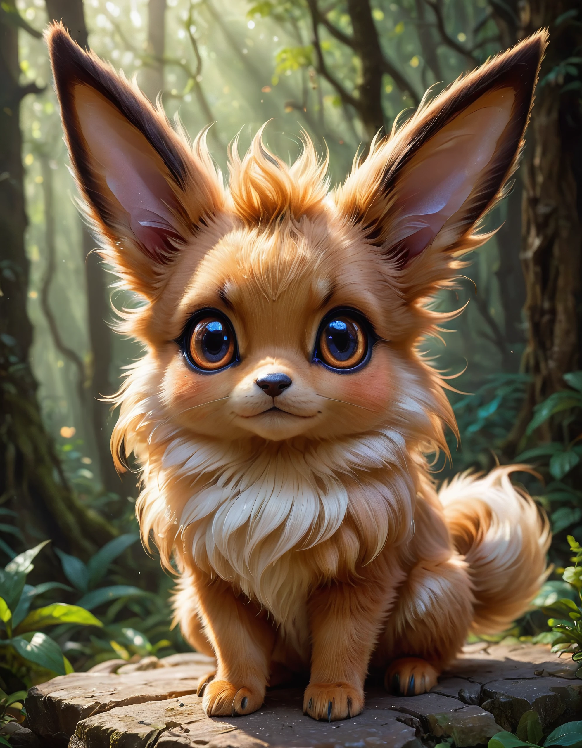 most cute fantasy animals of the world, different species, eevee based, big eyes, very fluffy