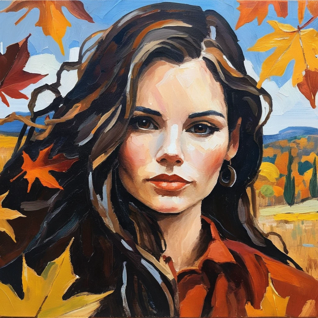 (Abstract) sketch of a woman in the fall season, oil on canvas, ,elxpowell, <lora:elpowell_juggerX_xl_1_standard_wocap-elxpowell-000092:1>