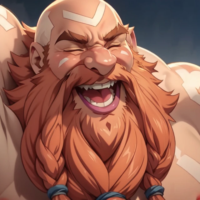 <lora:gragas-10:1.2> gragas, beard, long beard, mature male, wrinkled skin, manly, old, portrait, (happy kind smile:1.2), blush, bald, carefree easygoing expression, face, face close up, blushing, eyes closed, laugh, (best quality:1.3), (anime:1.2),(anime screencap:1.2)