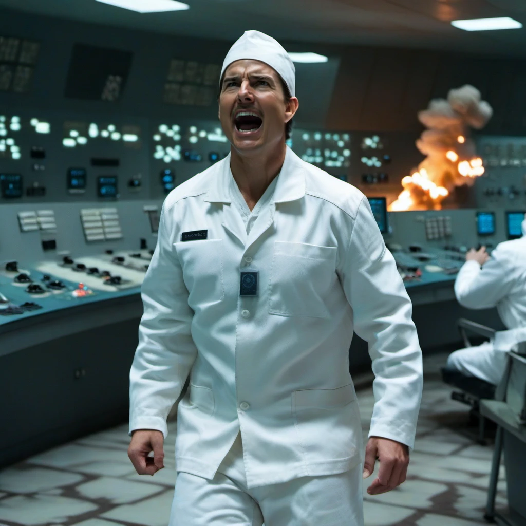 cinematic photo a full body tom cruise with a moustache, screams, panic,  in a white uniform, fire, +++explosions, in a nuclear powerplant control room <lora:Technician1024:0.8> . 35mm photograph, film, bokeh, professional, 4k, highly detailed