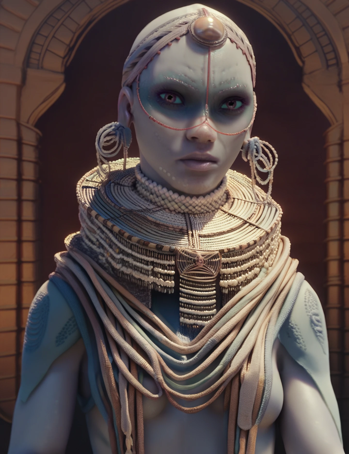 <lora:Pearl_people_Valerian_and_the_city_of_a_thousand_planets:1> pearl_people, Empress_Aloi, looking at the  viewer, solo, gray skin, iridescent scaled skin, sharp focus, upper body, underboobs, female, pearl headwear, score_9, score_8_up, score_7_up, score_6_up, score_5_up, score_4_up