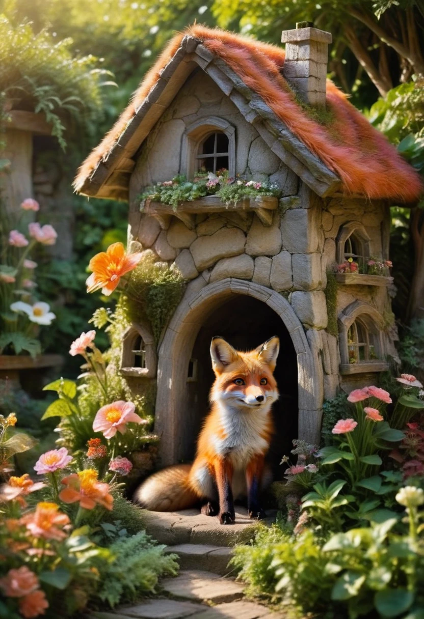 <lora:flower fox_sdxl_O8RF:0.6> A stone mushroom house located in a garden, surrounded by a variety of bright flowers and greenery. The background is full of natural tranquility and vitality. Warm sunlight slants in from the left side and shines on the flower fox and flowers, forming a soft natural lighting effect that enhances the warmth of the picture. The colors in the picture are bright and rich. The flower fox s reddish-brown fur contrasts sharply with the orange, pink, white and green plants of the flowers, making the whole picture full of life and vitality, making people feel peaceful and happy.