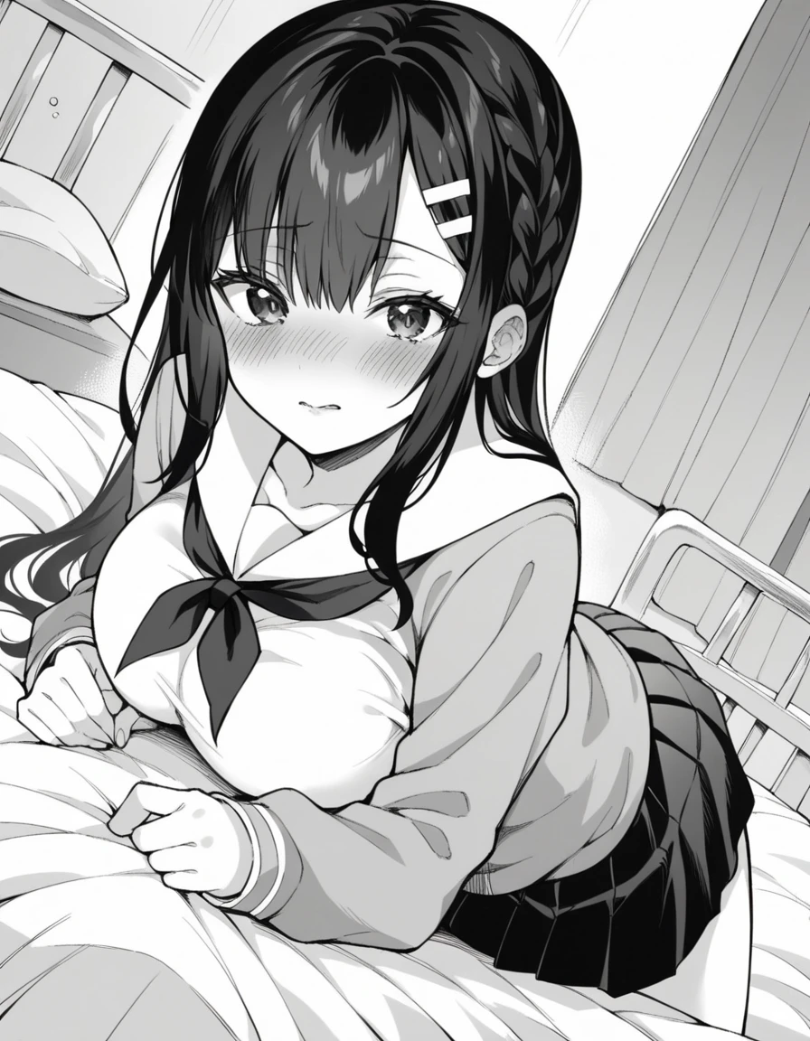 score_9, score_8_up, score_7_up, source_anime,
miyakoohtsuka, <lora:miyako-ohtsuka-manga-ponyxl-lora-nochekaiser:1>,
miyako ohtsuka, long hair, bangs, hair ornament, hairclip, large breasts, monochrome, greyscale,
skirt, long sleeves, school uniform, pleated skirt, serafuku, sailor collar,
indoors, bed, bed room, on side, blush, drunk,
looking at viewer, solo, dutch angle, cowboy shot,