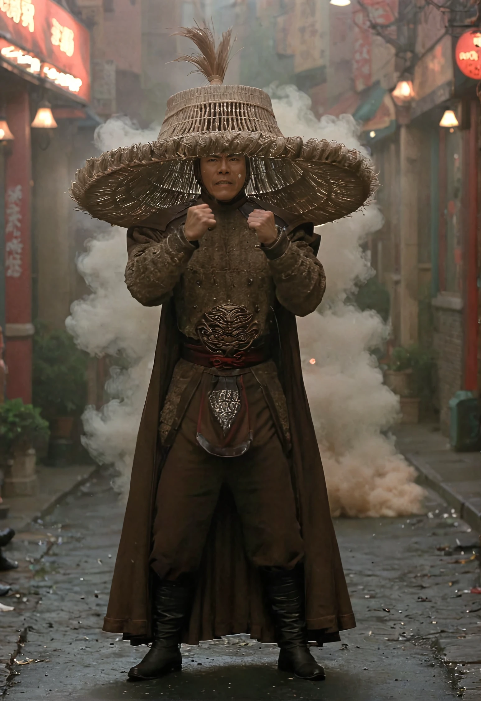 high resolution photo of thund3r man,wearing hat,combat pose,bokeh,depth of field,masterpiece,volumetric fog,volumetric lighting,film grain,in a chinatown street