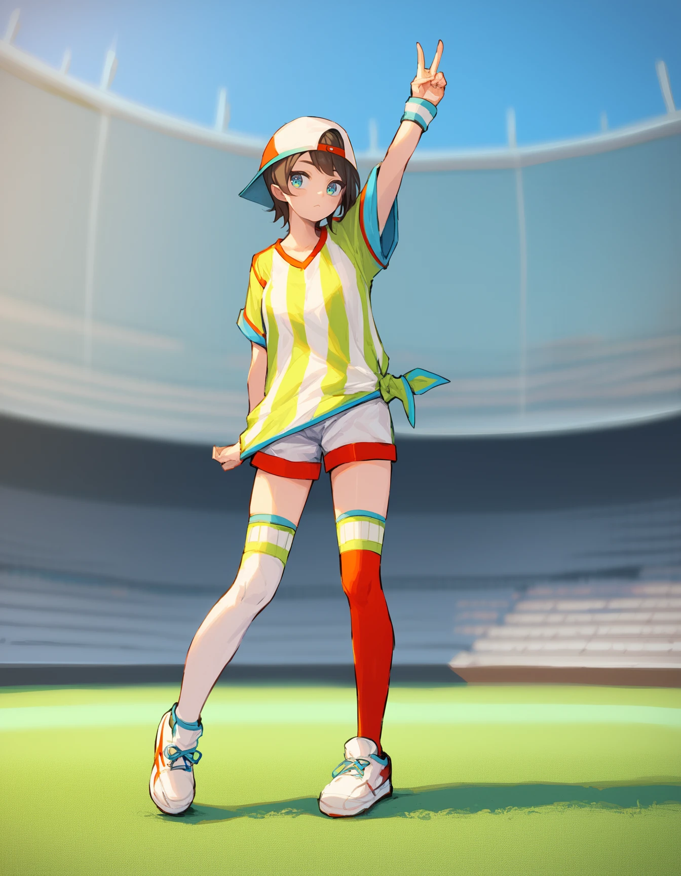 source_anime, score_9, score_8_up, score_7_up,
<lora:oozora_subaru_pony_v1:1>
shubaFirst, gradient eyes, aqua eyes, swept bangs, loose shirt, jersey, vertical-striped shirt, tied shirt, backwards hat, white shorts, white footwear, wristband, mismatched legwear, asymmetrical legwear, red thighhighs, white thighhighs
1girl, solo, full body, 
legs apart, v, arm behind back, :d, 
blue sky, outdoors, soccer field