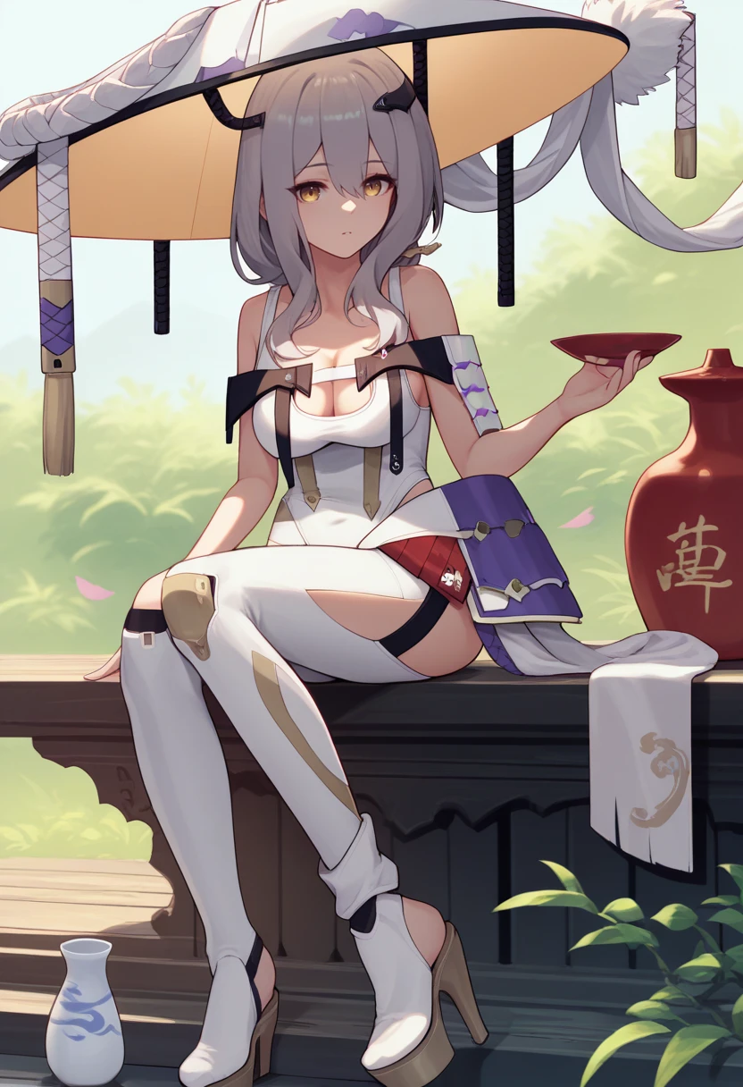 score_9, score_8_up, score_7_up, source_anime, BREAK 1girl, solo, <lora:scarlet-nikke-richy-v1_pdxl:1> scrltdef, yellow eyes, long hair, grey hair, hair ornament, hat, hat ornament, chest strap, white leotard, cleavage, bare shoulders, single shoulder pad, single vambrace, hip armor, white legwear, platform heels, sitting, sakazuki, sake bottle,