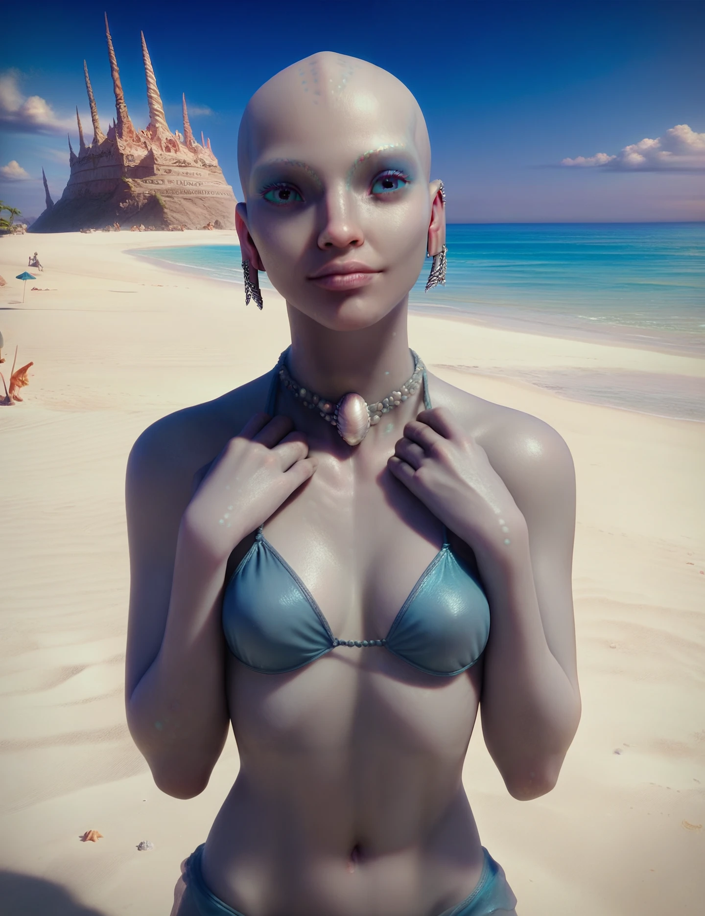 <lora:Pearl_people_Valerian_and_the_city_of_a_thousand_planets:1> pearl_people, Princess_Lihio, looking at the  viewer, solo, gray skin, iridescent scaled skin, sharp focus, sexy pose, bikini, beach, score_9, score_8_up, score_7_up, score_6_up, score_5_up, score_4_up, Closed Mouth, closed lips