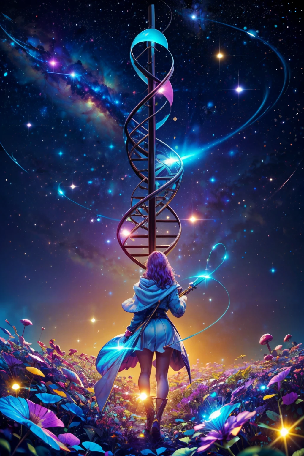 (ultra realistic,32k, masterpiece:1.2),(high detailed:1.1),( high quality:1.1), <lora:DNA:0.8>, DNA, sky, no humans, star (sky), night sky, scenery, starry sky, space, <lora:Scifi_Environment_Concept_Art:0.8>, minimalist, game asset, cinematic, poster, cold colors, blue theme, holding, standing, weapon, outdoors, from behind, tree, glowing, nature, scenery, forest, fantasy, mushroom, ,blooming stars, luminescent petals, otherworldly fragrance blurry background, <lora:add_detail:0.92>, (glowwave:1.1),