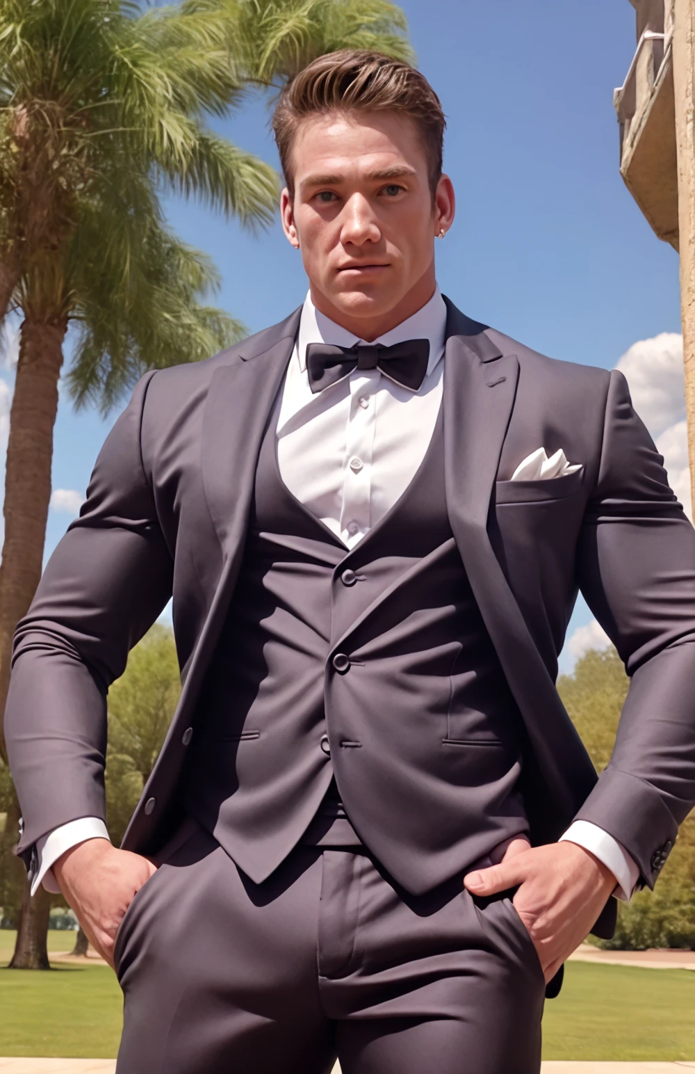(face focus). <lora:BulkedUpAIR1.5:0.1>, (masculine:1.4), at outdoor sunny wedding, ((muscular man wearing designer formal suit)), sexy pose:1.0, confident, handsome, (((masterpiece))), (((best quality))), (hands on waist), male, athletic, looking at viewer, big pecs:1.2, <lora:BillyHerringtonv2Update (1):1.2> BillyHerringtonv2Update