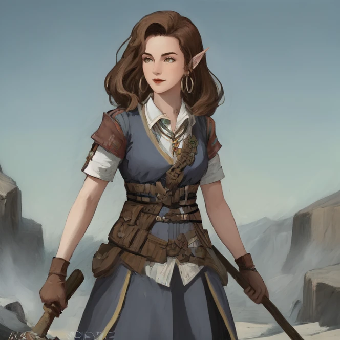 cowboy shot, 1girl, solo, brown hair, jewelry, long hair, earrings, pointy ears, smile, mole under eye, freckles, reddish brown hair, brown eyes, hoop earrings, collared shirt, white shirt, (dark blue tunic), scrolls, <lora:octaviaPathfinderKingmaker:0.8> octavia, wide lips, lipstick, highres, Digital art, trending on artstation, best quality, insanely detailed, masterpiece, stunning environment, wide-angle,