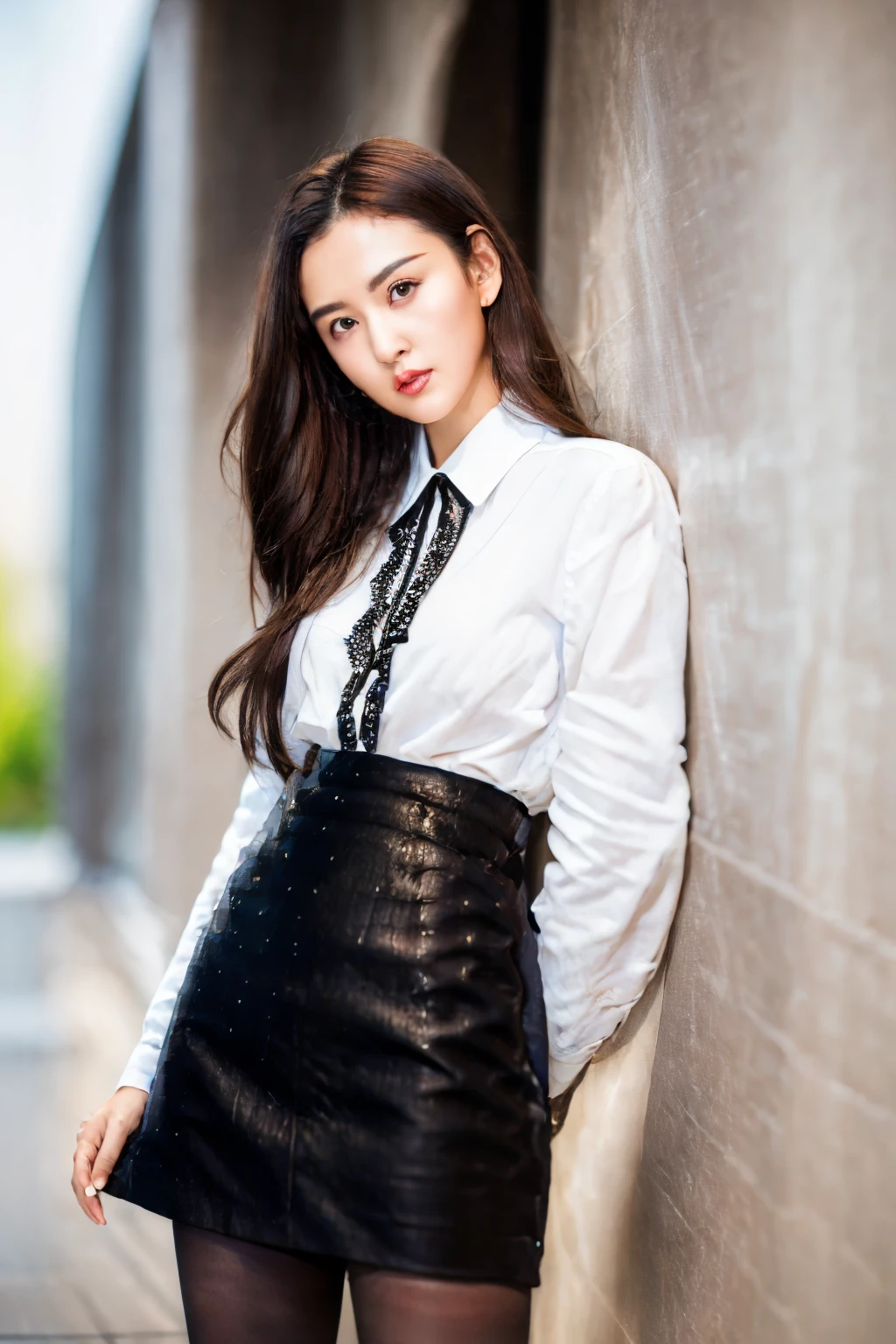 (masterpiece:1.2),(best quality:1.2),1girl,solo,looking at viewer,(high_heels:1.1),(black_pantyhose:1.1),black hair,<lora:sze1:0.8>,outdoors,flower,brown hair,looking at viewer,depth of field,portrait,white_shirt,long hair,high-waist_skirt,lips