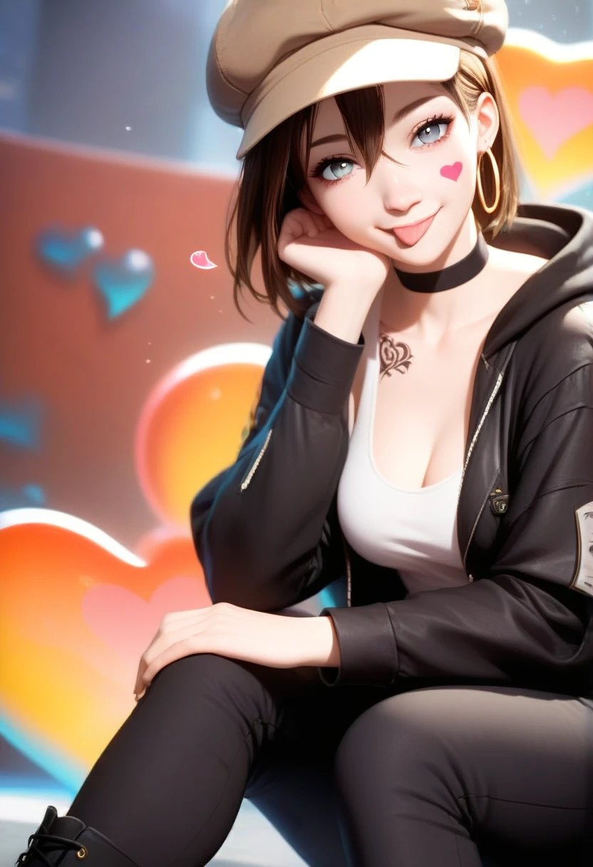 (score_9,score_8_up,score_7_up,perfect eyes,very aesthetic,incredibly absurdres,hyper detailed,beautiful face),1girl,qian_ye,:p,arm support,black choker,black footwear,black jacket,black pants,blurry,blurry background,boots,breasts,brown hair,brown hat,bubble,cabbie hat,choker,cleavage,closed mouth,collarbone,depth of field,earrings,facial mark,facial tattoo,grey eyes,hair between eyes,hat,head rest,head tilt,heart,heart facial mark,heart tattoo,hood,hood down,hooded jacket,hoop earrings,jacket,jewelry,looking at viewer,medium breasts,open clothes,open jacket,pants,sitting,smile,solo,tank top,tattoo,tongue,tongue out,white tank top,<lora:qian-ye-xl:1>,