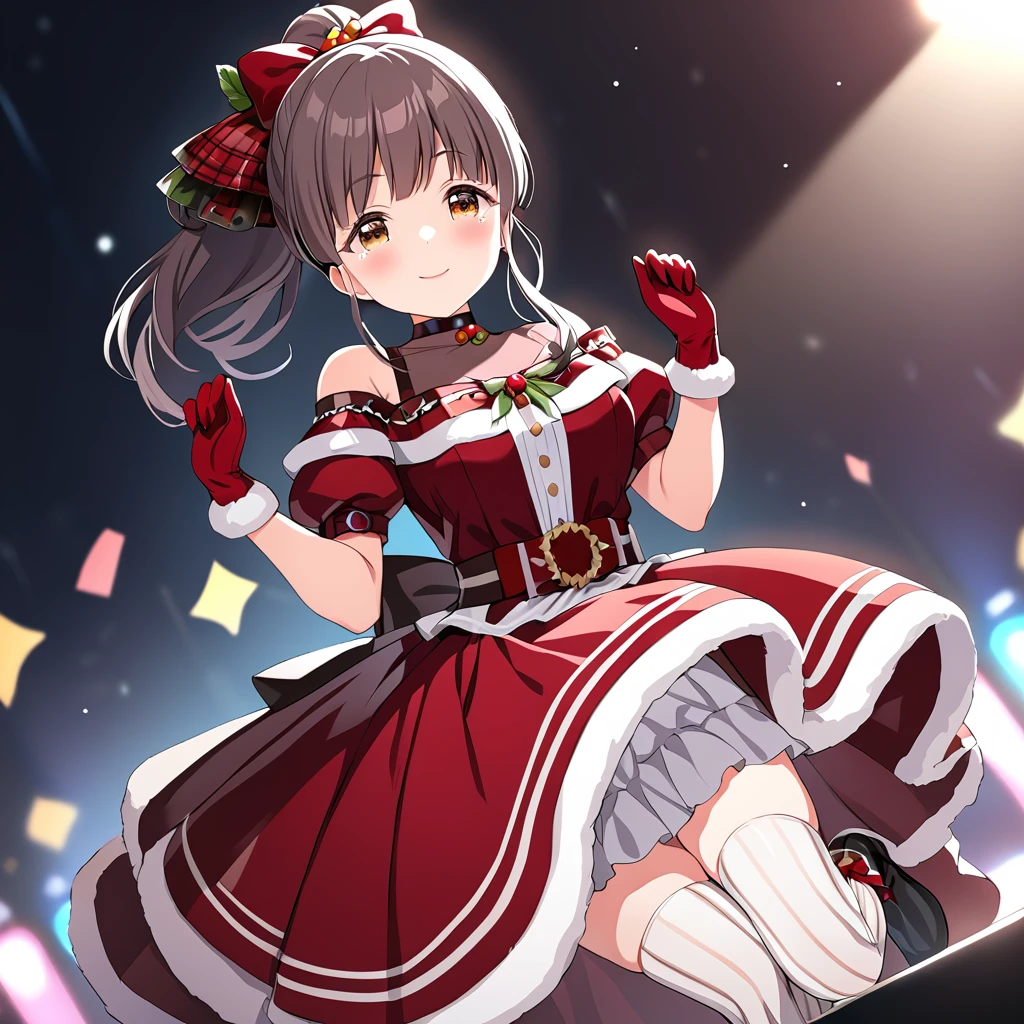 (masterpiece),suzumurayu,1girl,smile,yumas dress,yumas gloves,yumas ankle boots,yu vertical-striped thighhighs,high ponytail,looking at viewer,blush,solo,<lora:SuzumuraYu:0.8>,on depth of field,on stage,happy_tears,cinematic_angle,