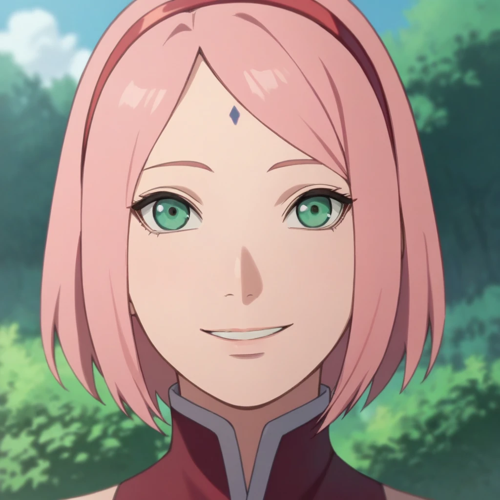 score_9,score_8_up,score_7_up, source_anime, portrait, close up, looking at viewer, red sleeveless, smile, sakurabr, haruno sakura, 1girl, forehead mark, red hairband <lora:SakuraAdamW8-10:1> solo, outdoors
