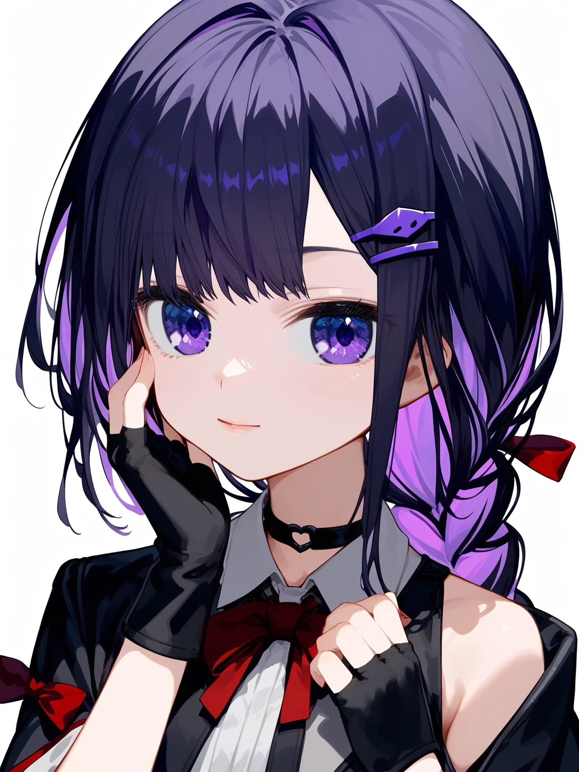 (score_9,score_8_up,score_7_up,),1girl,miki zf,fingerless gloves,thighhighs,black hair,purple eyes,simple background,white background,red bow,shirt,black choker,looking at viewer,long hair,braid,jacket,hair ribbon,purple hair,colored inner hair,<lora:MIK1zf:0.9>,portrait,hand on own chin,