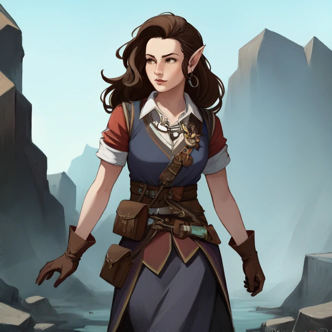 cowboy shot, solo, <lora:octaviaPathfinderKingmaker:0.6> octavia, lips, freckles, brown hair, long hair, wavy hair, pointy ears, brown eyes, earrings, necklace, collared shirt, short sleeves, brown gloves, belt, pouch, waist cloth, scrolls, green pants, knee boots, brown boots, highres, Digital art, trending on artstation, best quality, insanely detailed, masterpiece, stunning environment, wide-angle,