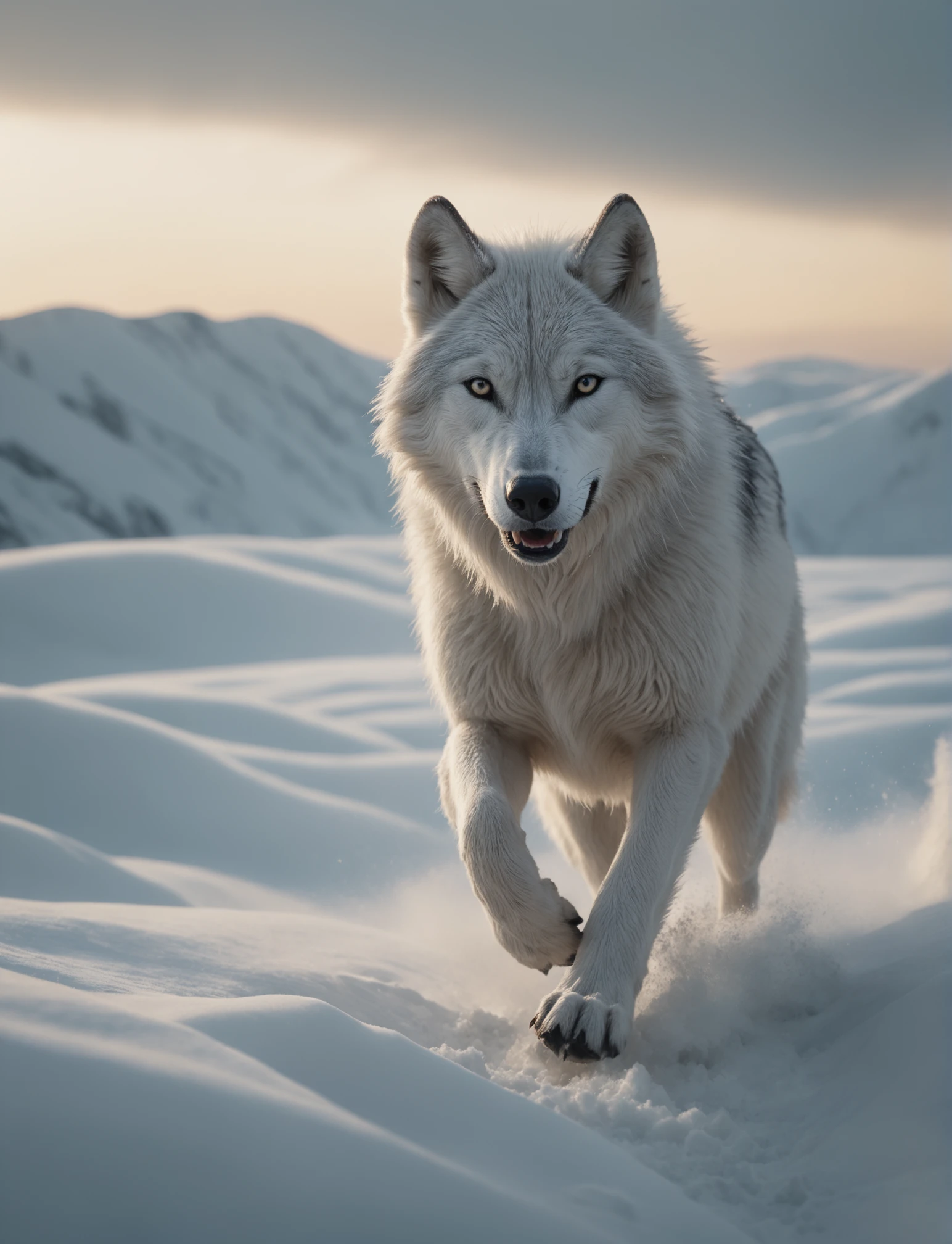nature shot with wide shot an icy artic tundra,artic-wolf running through a snowdrift,hunting,nightfall,dimly lit,intense gaze,tension,perfect composition,masterpiece,best quality,Outdoors,greenery,natural light,fresh,vivid contrast,vivid color,Hyperrealistic art cinematic film still photography in the style of detailed hyperrealism photoshoot