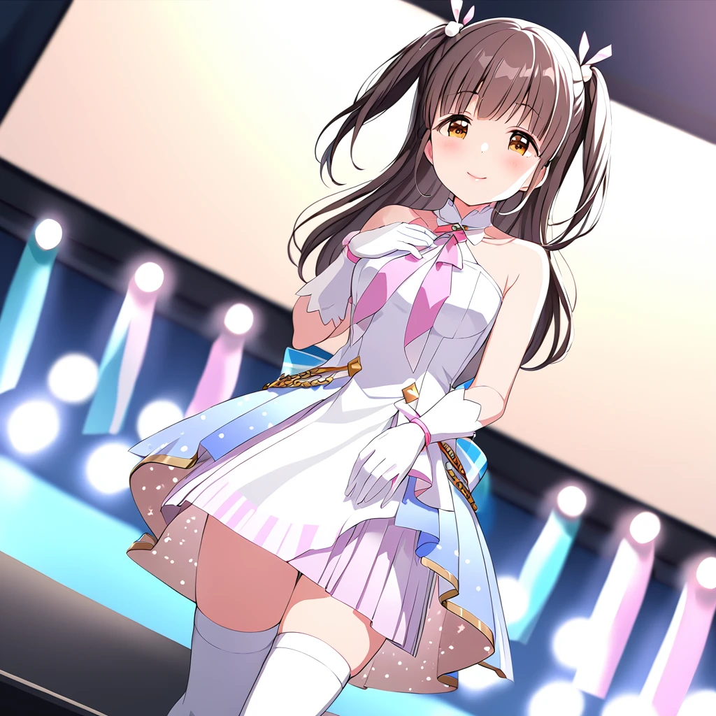 (masterpiece),suzumurayu,1girl,yuidol costume,solo,yuidol gloves,yucasual hair ornament,looking at viewer,yuidol thigh-highs boots,standing,two side up,smile,<lora:SuzumuraYu:0.8>,on depth of field,on stage,cinematic_angle,
