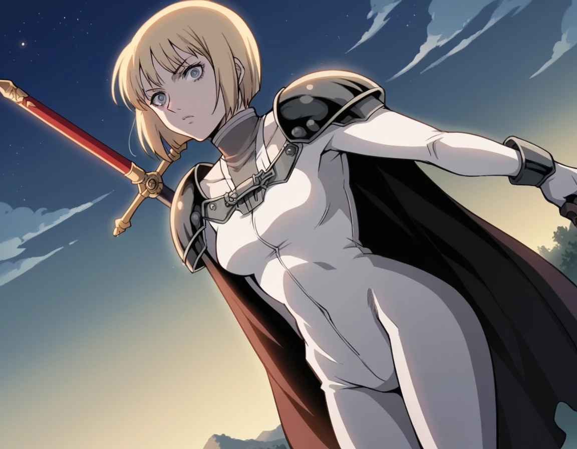 score_9, score_8_up, score_7_up, source_anime,
claymoreclaire, <lora:claymore-claire-s1-ponyxl-lora-nochekaiser:1>,
claire, short hair, blonde hair, grey eyes, bob cut, pale skin, white skin, ringed eyes,
weapon, sword, cape, armor, bodysuit, shoulder armor, pauldrons, shoulder pads,
outdoors, night, landscape, bent over,
solo, looking at viewer, cowboy shot, dutch angle,