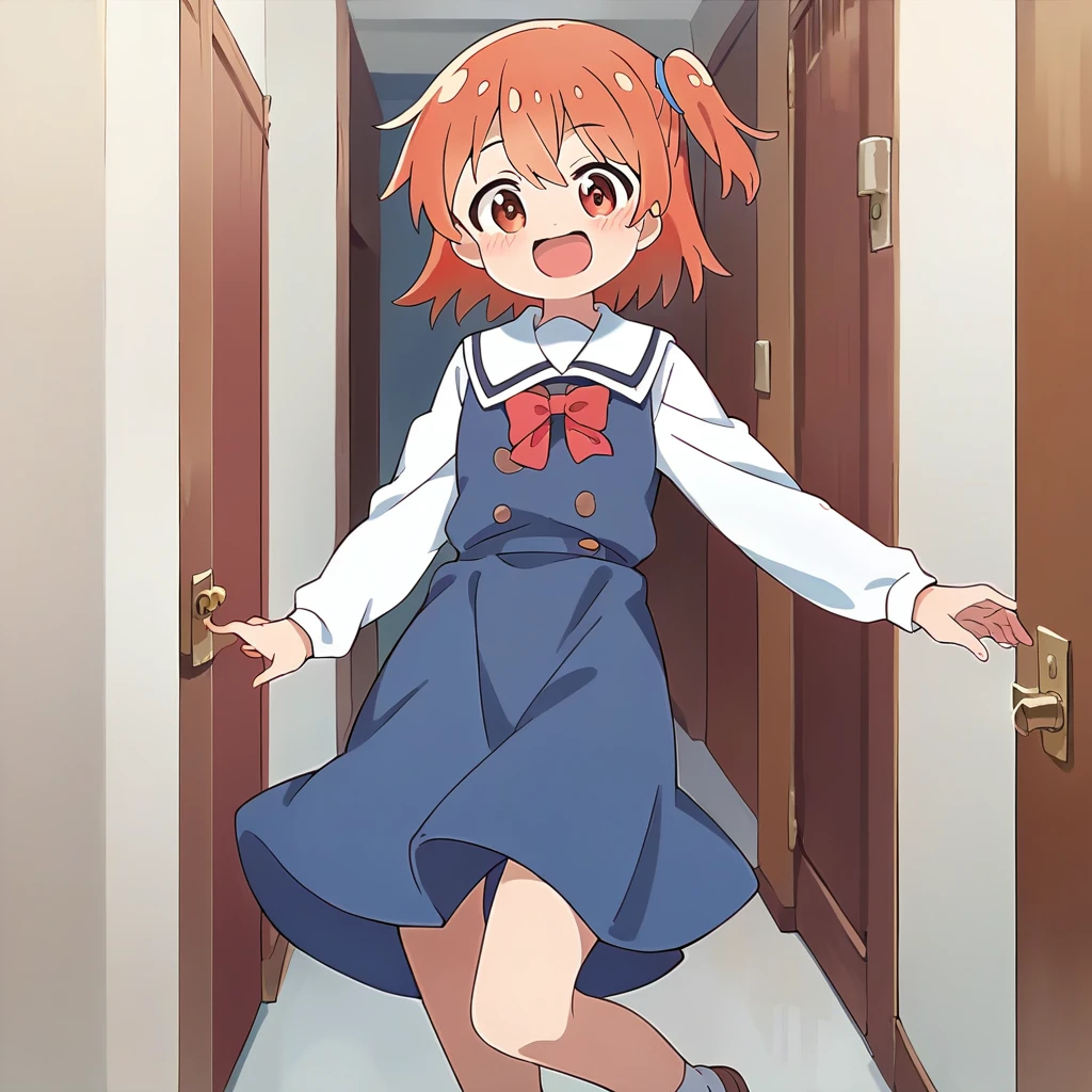 score_9, score_8_up, score_7_up, source_anime, masterpiece, 1girl, hinata, one side up, blue dress, white sailor collar, white long sleeves, red bow, happy, blush, cowboy shot, indoors, looking at viewer, standing on one leg, hallway <lora:HinataHoshinoPONYXL:0.8>