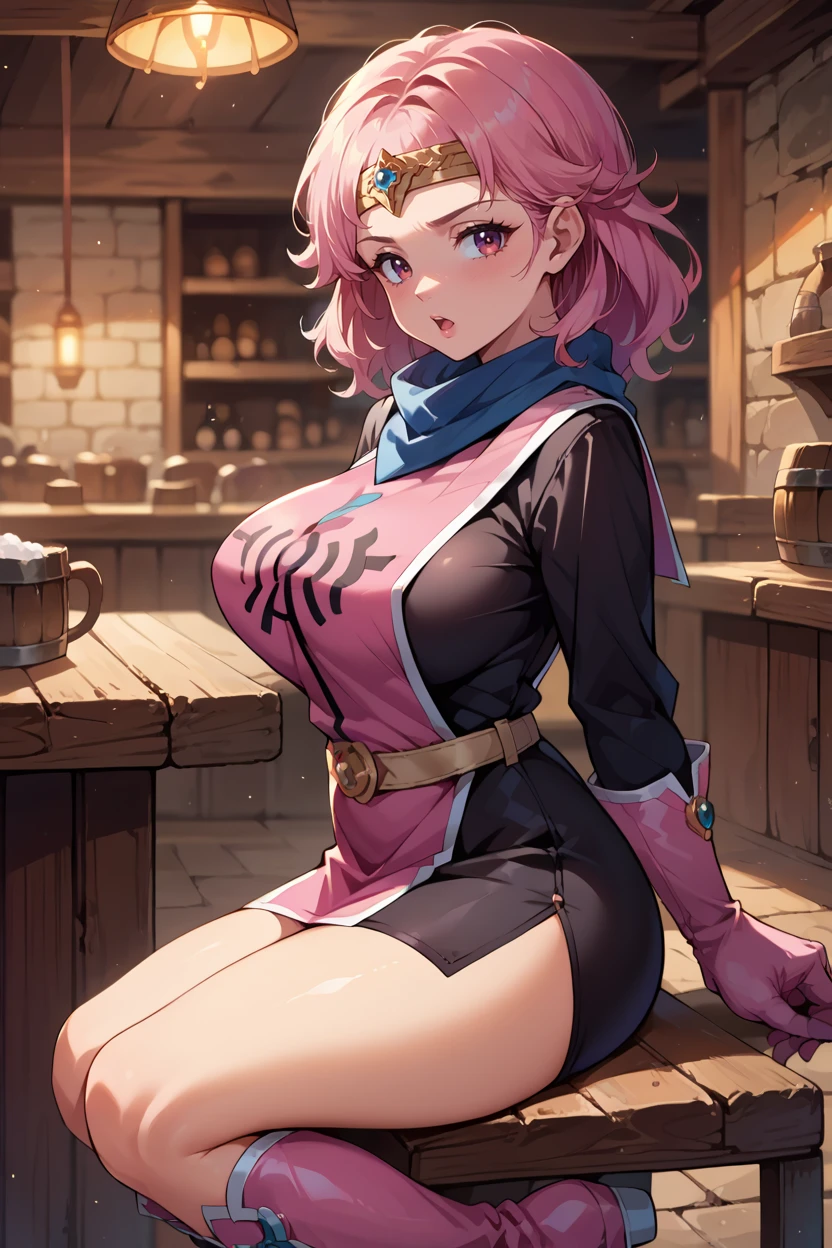 score_9, score_8_up, score_7_up, score_6_up, source_anime, BREAK 1girl, solo <lora:dqmaam-pdxl-nvwls-v1-000005:1> priMaam, pink hair, medium hair, blue scarf, circlet, short dress, pink tabard, black sleeves, belt, gloves, boots, big breasts, looking at you, chestnut mouth, from side, sitting in a chair, tavern