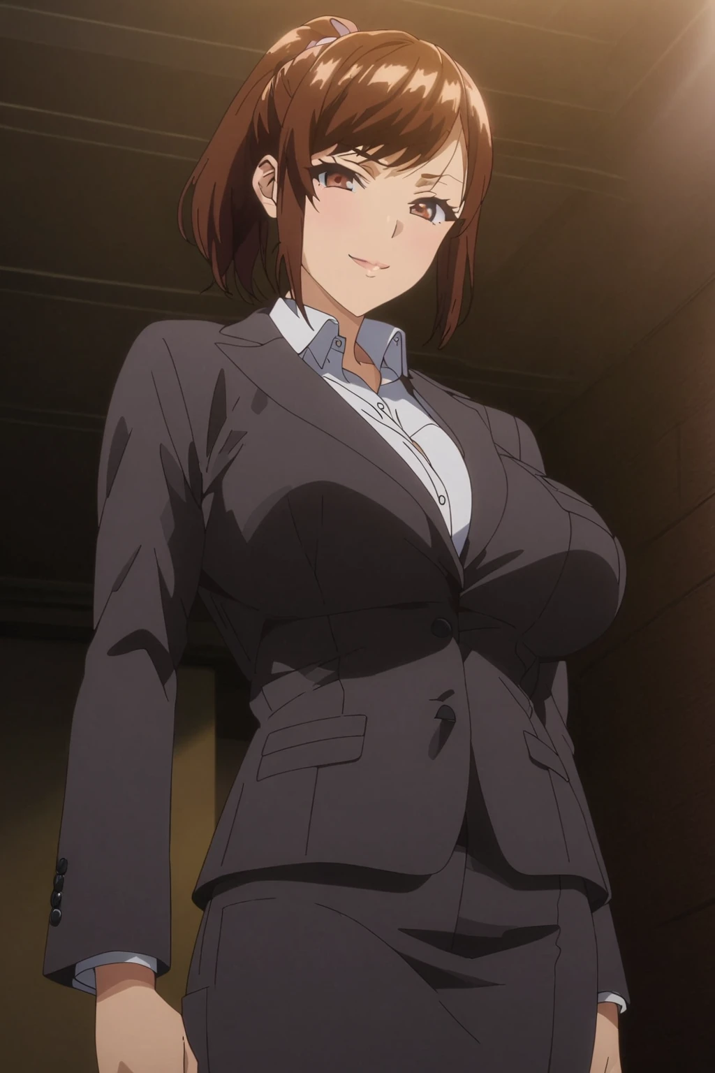 (masterpiece, best quality:1.2), 1girl, day, looking at viewer, ponytail, brown_hair, Bangs, brown eyes, short hair, milf, smile, horny face, half-closed eyes, large breasts

portrait, office suit, woman, full body, shoulder, waist, hands, hips, 

anime screencap, high quality anime 2d color, 2d, Accurate describe shapes, beautiful face, expressive eyes, flat, (plain anime style), natural lighting, light particles, cinematic angle, (masterpiece), (best quality), (ultra-detailed), very aesthetic, illustration, perfect composition, intricate details, moody lighting, light rays, simple toilet background, depth of field, cowboy shot, cinematic angle, establish,
