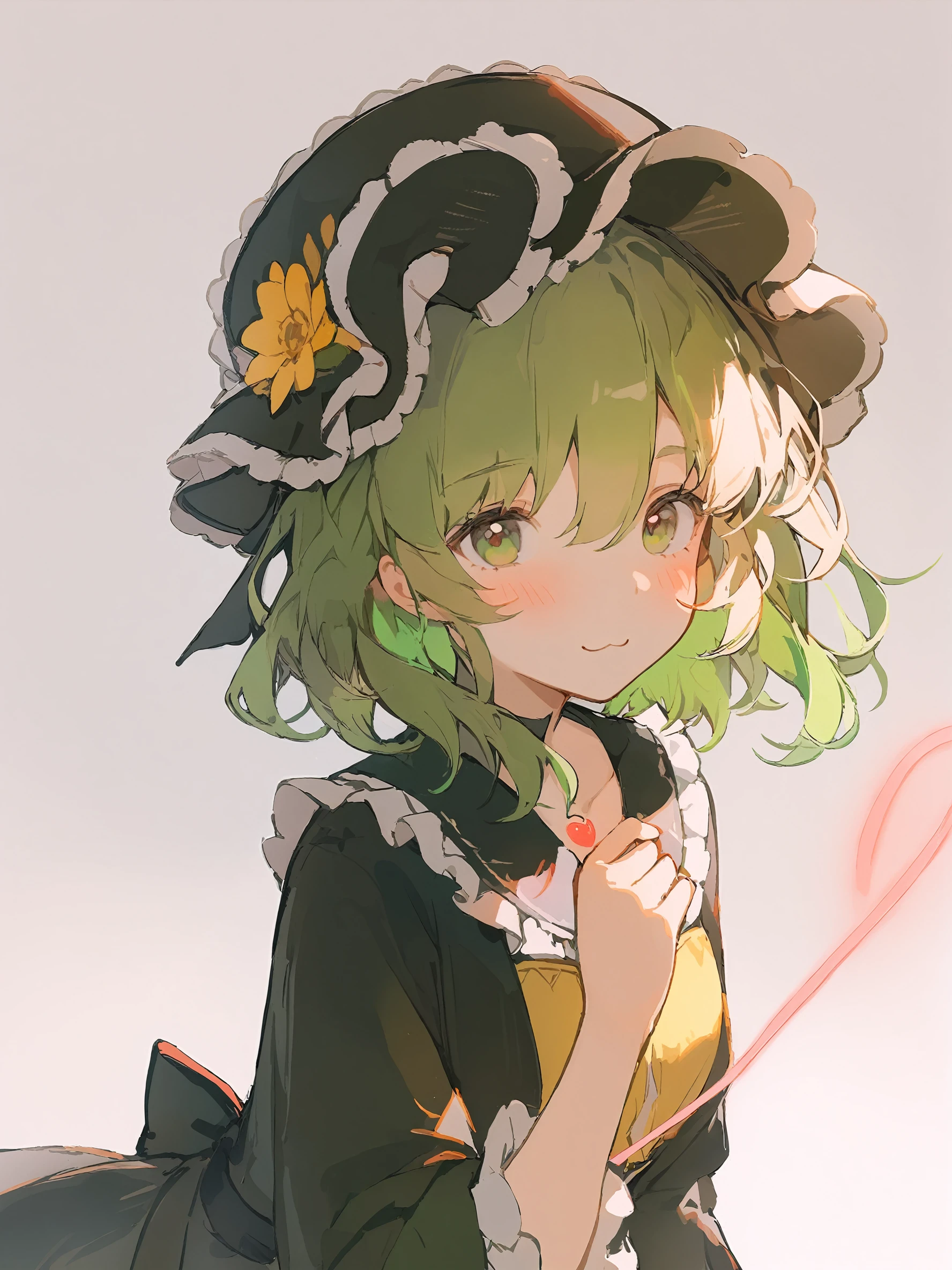 1girl,
solo, black hat, yellow shirt, frilled hat, green eyes, collarbone, heart of string, hair between eyes, blouse, white background, smile, shirt, wide sleeves, closed mouth, looking at viewer, green hair, eyebrows hidden by hair, medium hair, simple background, long sleeves, frills, frilled shirt collar, hat, hand up, blush, upper body, heart, frilled sleeves, third eye, holding, :3,
masterpiece, best quality, safe
<lora:mki-ani31-ahriii-v1-000125:1>