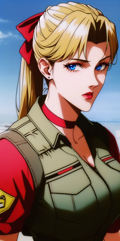 <lora:LucyMcMillanV3:1> lucy_mcmillan, half_updo_red_hair_bow, red_choker, huge_breasts, standing, solo, vest, brown_shirt,, masterpiece, best_quality, detailed_face, detailed_eyes, highres, beautiful, detailed, absurdres,