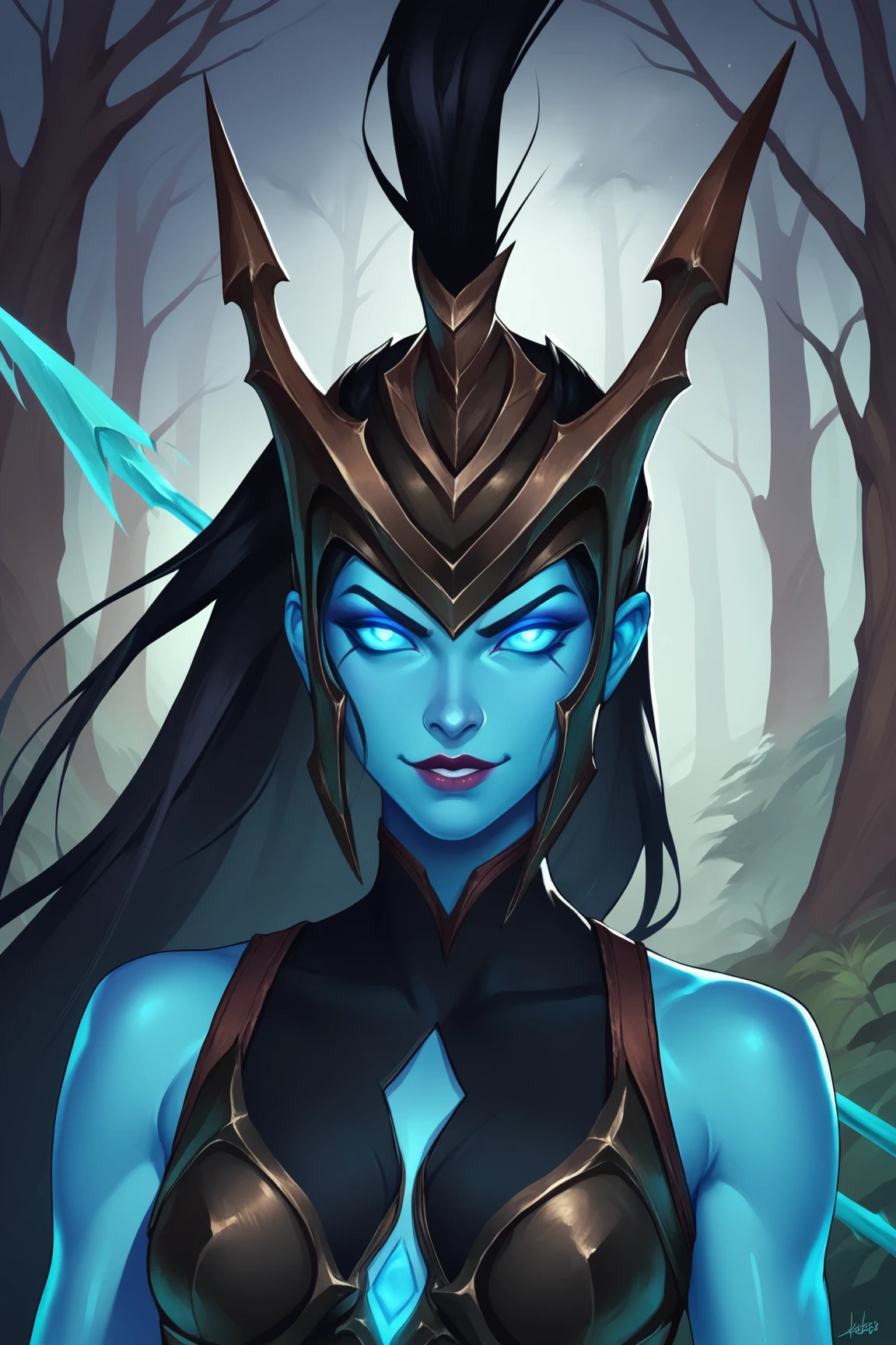 masterpiece, best quality, 1girl, kalista, closeup, blue skin, colored skin, glowing, helmet, long hair, no pupils, ponytail, solo, sketch, simple background <lora:Kalista:1>