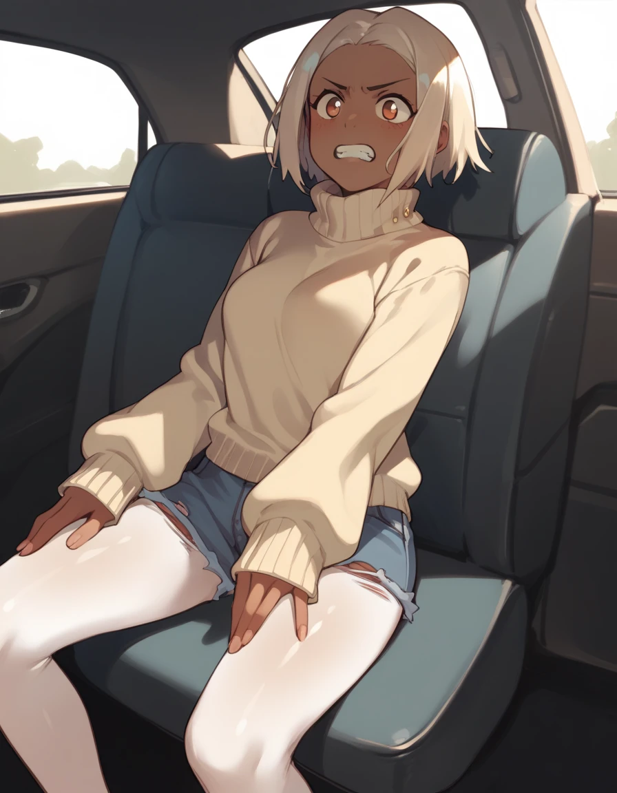 score_9, score_8_up, score_7_up, score_6_up, score_5_up, score_4_up <lora:kitsurubami-ponyxl:1> kitsurubami, sweater, cutoffs, pantyhose, dark-skinned female,
1girl, solo, car interior, clenched teeth