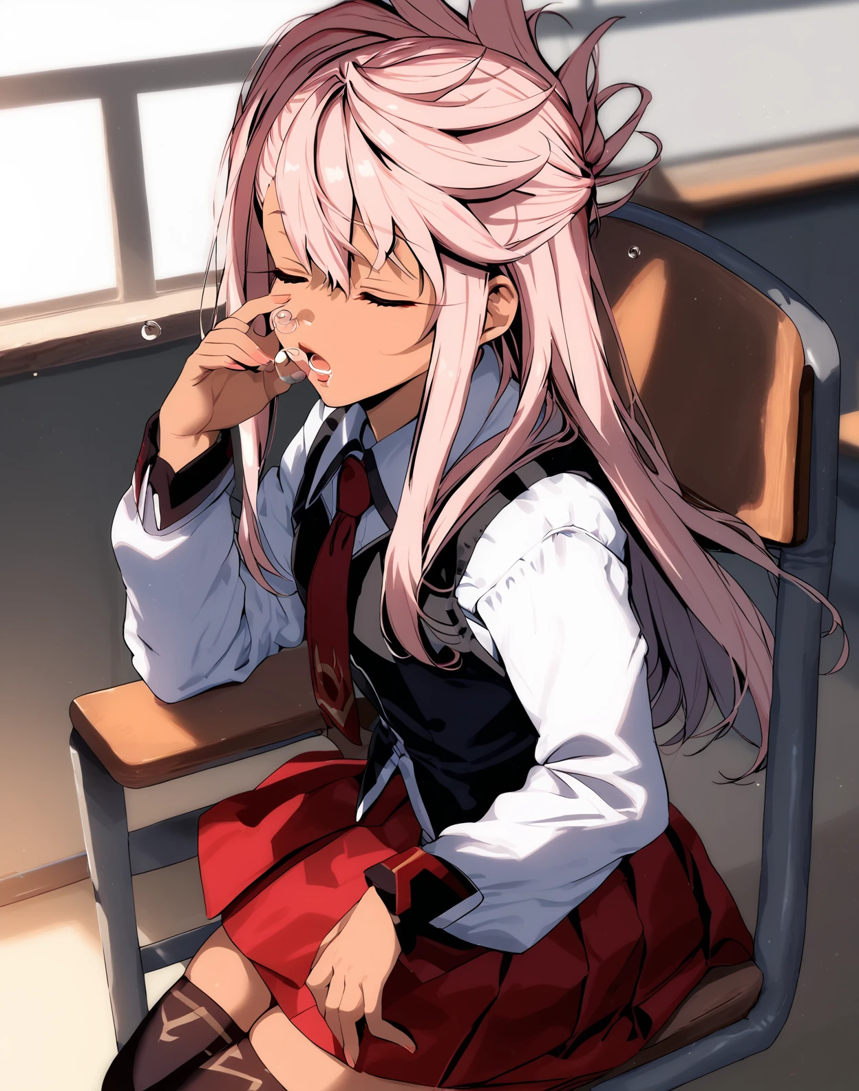score_9, score_8_up, score_7_up,rating_safe,1girl sleeping in a chair, open mouth, nose bubble, Chloe Von Einzbern, pink hair, dark-skinned female, drooling,
<lora:santa_style_pony6_v1:1>, <lora:bible_black_uniform_xl_v3:.8> school uniform, white shirt, black vest, black thighhighs, red skirt, red necktie