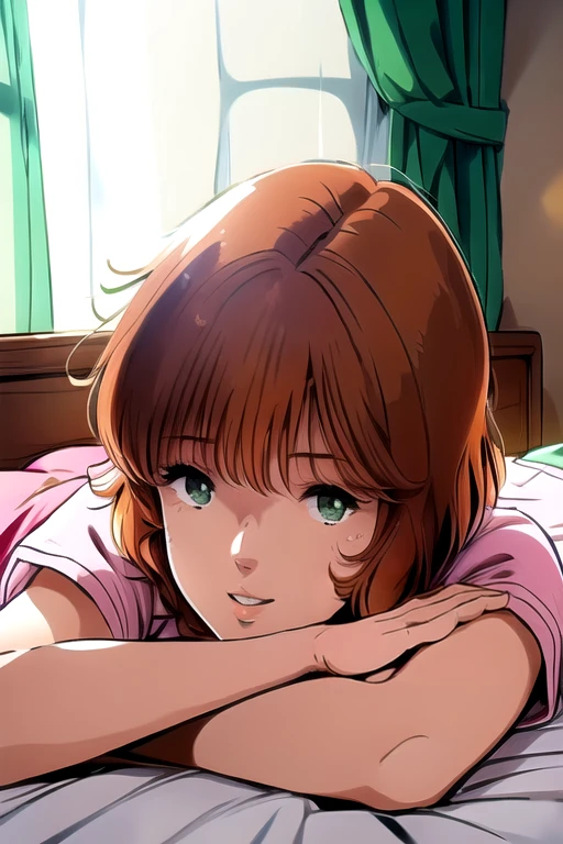 <lora:MimsyV5:1.1>, solo, 25 years old woman, adult, tall, brown orange hair, bob cut, fine hair, shaggy, hair covers ears, ears are covered by hair, dark green eyes, light pink lips, pajamas, she is lying down on the bed, lying on her stomach, the morning lighting, the rays on her make her look a little happy, stretching her arms, relaxing,