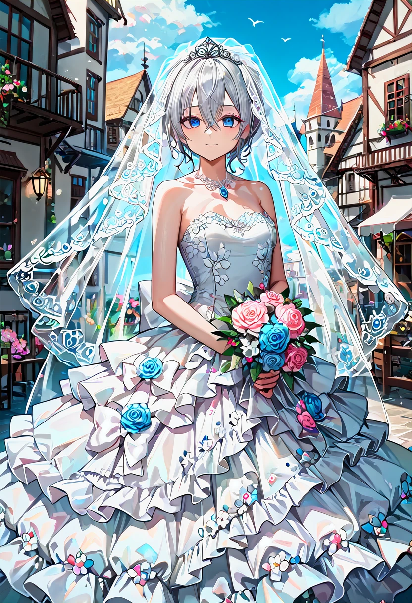 <lora:WD-XLPony_006:0.7>,
1girl, silver, hair between eyes, wedding dress, clothing with intricate frills and embroidery, bridal veil, luxurious clothing,
village,
detailed background, incredibly absurdres, colorful,
HD, hyper detailed, ultra detailed, score_9, score_8_up, score_7_up, source_anime, perfect anatomy, masterpiece, best quality, very aesthetic