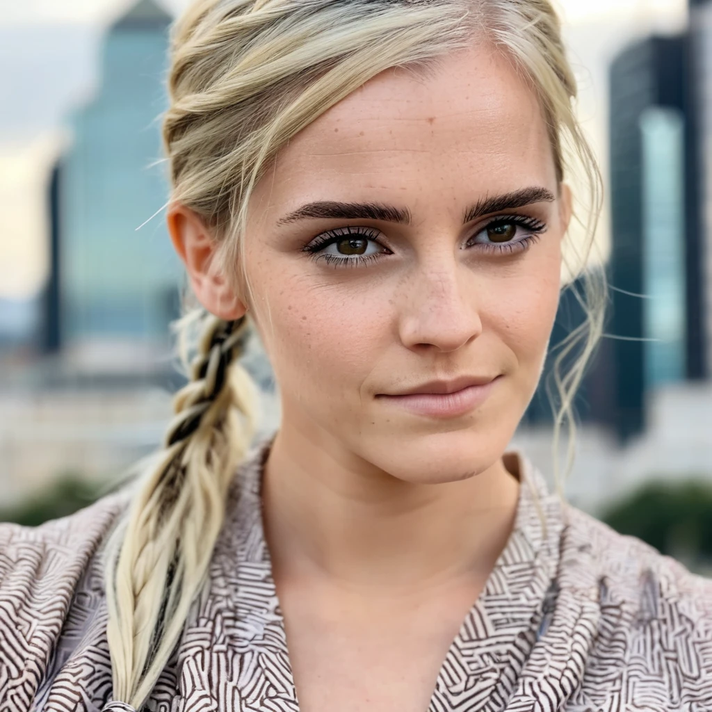 (Skin Texture, pores, natural,iPhone,RAW), natural lighting, Highest Quality (closeup) Portrait photo of a woman with long braided platinum blonde hair,  Nikon Z9, realistic matte skin,  blurry city in the background, 8K, ((looking straight at the camera)), emxwtsn,   <lora:emwatson_juggerX_xl_2_standard_wocap-emxwtsn-000089:1>