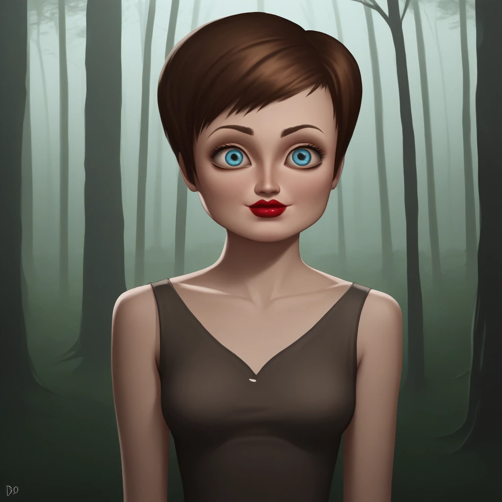 score_7_up, BREAK, 1girl, solo, Roxanne, brown hair, short hair, blue eyes, lipstick, <lora:roxanne_ritchi_XL_Leaf:1>, forest, cowboy shot,