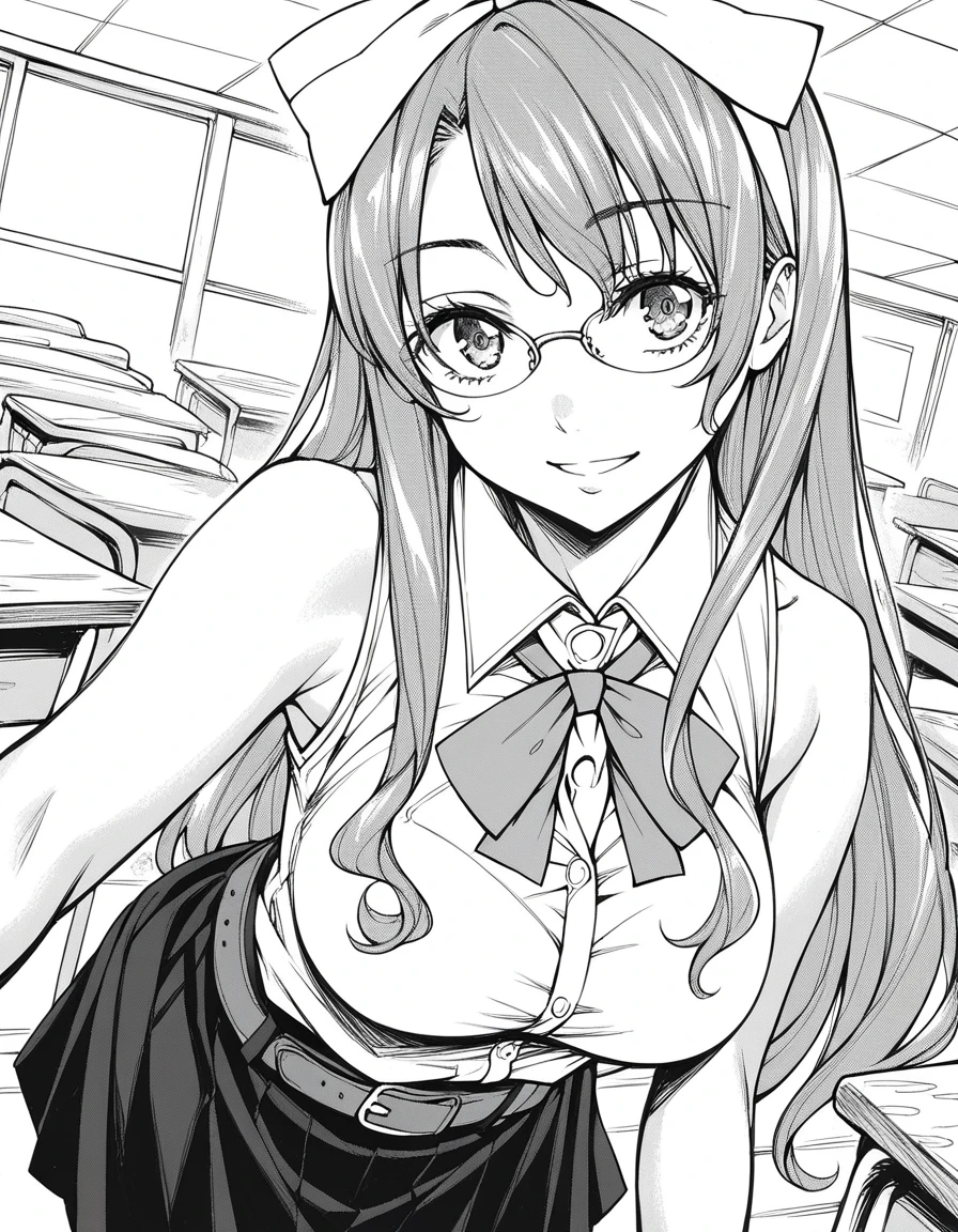 score_9, score_8_up, score_7_up, source_anime,
setoyuukiamamori, <lora:setoyuuki-amamori-ponyxl-lora-nochekaiser:1>,
amamori, long hair, monochrome, greyscale, glasses, large breasts,
skirt, bow, school uniform, hair bow, necktie, sleeveless, shirt, collared shirt, belt,
indoors, classroom, bent over, smile,
looking at viewer, solo, dutch angle, cowboy shot,