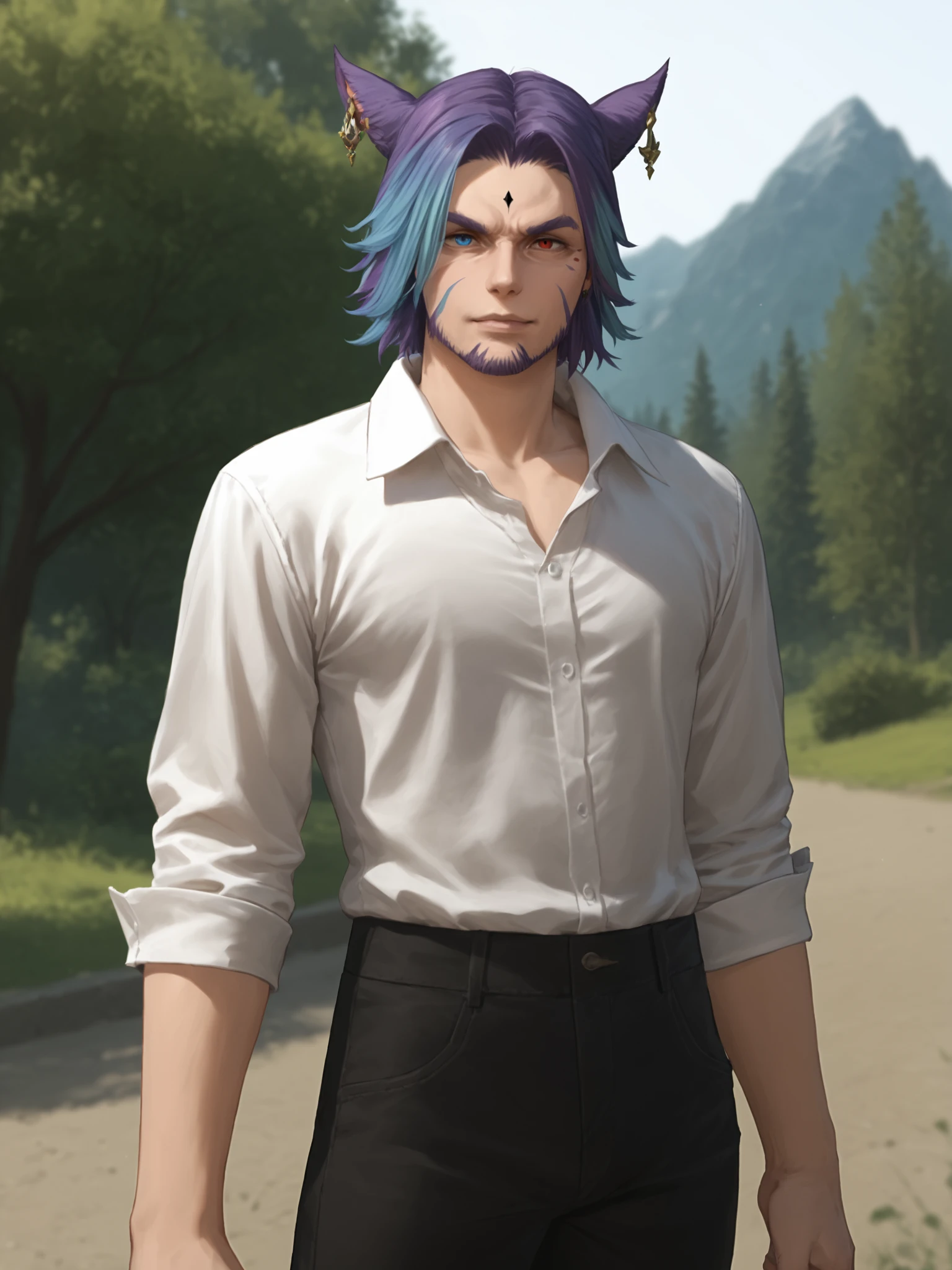 Khit'li L'ocar, 1boy, male focus, heterochromia, red eyes , blue eyes, facial hair, stubble, beard, multicolored hair, blue hair, purple hair, closed mouth, miqote, earrings, jewelry, white shirt, black pants, looking at viewer, outdoors, portrait, BREAK PonyXLV6_Scores , <lora:KhitliMoonKeeperPonyXL:0.8>