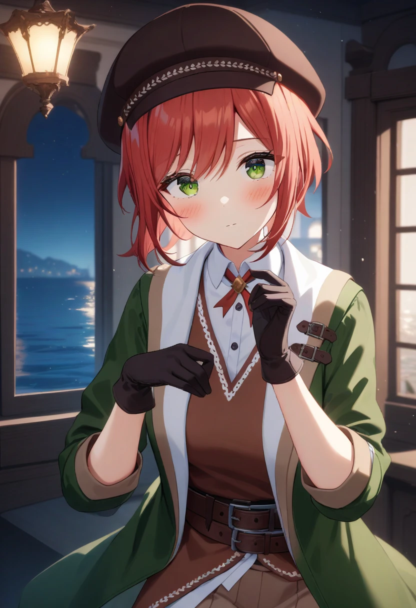Akari-outfit1,black gloves,brown hat,green eyes,red hair,expressionless,
sea,indoors,ornate villa,night,window,<lora:Akari2V2:1>,, cinematic light,masterpiece,best quality,very aesthetic,absurdres,incredibly absurdres,<lora:add_detail:1>,