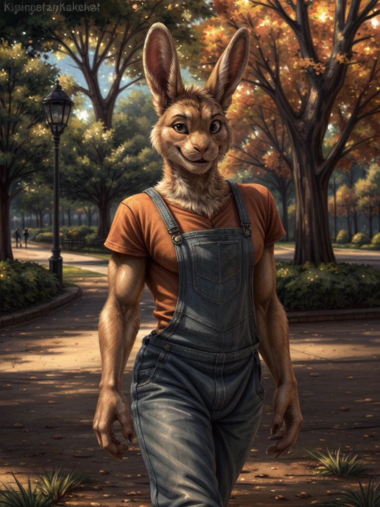 solo, rabbit, lagomorph, overalls, (friendly smile:1.2), t-shirt, finger claws, pants, park, walking in the park, aesthetic, elegant, by kenket