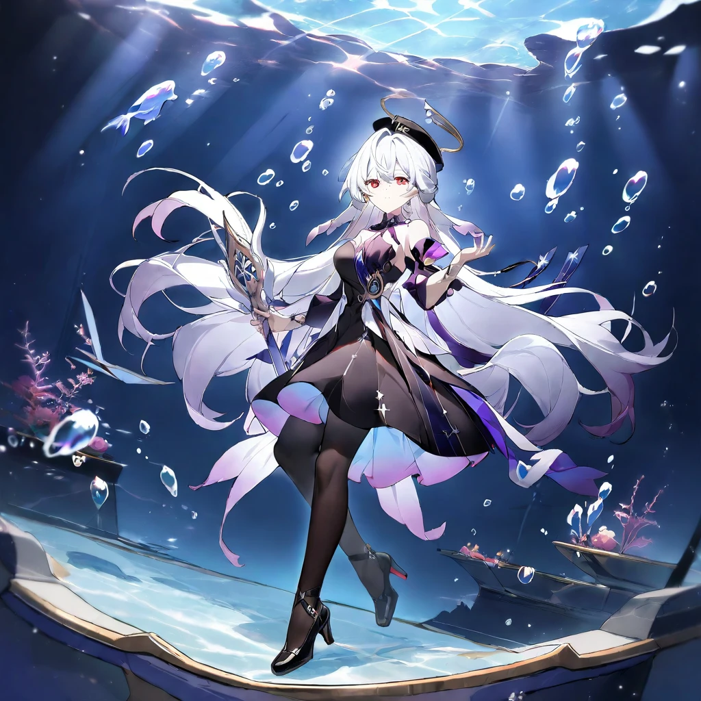 1girl, robin (honkai: star rail),halo,
long hair, solo, underwater, pantyhose, dress, black pantyhose, red eyes, breasts, very long hair, black dress, black headwear, full body, holding, black footwear, bubble, hat, high heels, air bubble, long sleeves, weapon, masterpiece, best quality
 <lora:robin_xl-000010:0.8>