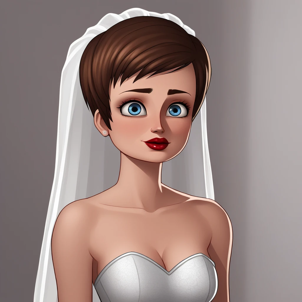 score_7_up, BREAK, 1girl, solo, Roxanne, brown hair, short hair, blue eyes, lipstick, red dress,  <lora:roxanne_ritchi_XL_Leaf:1>,  white dress, bride, bridal veil,