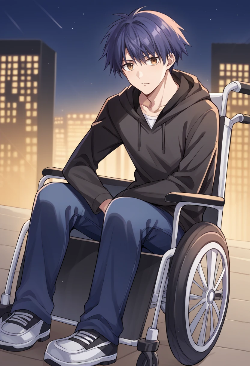 score_9, score_8_up, score_7_up, source_anime BREAK 1boy, male focus, solo,
takumichaos, short hair, blue hair, brown eyes, black hoodie, blue jeans
city, night, shibuya crossing <lora:zs_TakumiXL:0.8>
<lora:Wheelchair_XLPD:1> wheelchair, sitting, looking at viewer